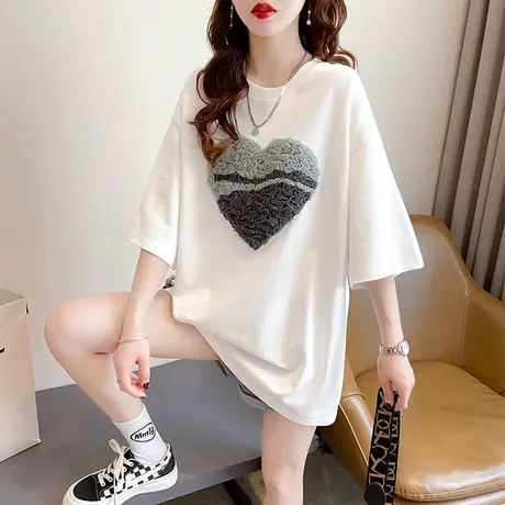 设计感小众短袖t恤女夏季韩版宽松大码女装中长款ins爱心上衣服潮图片