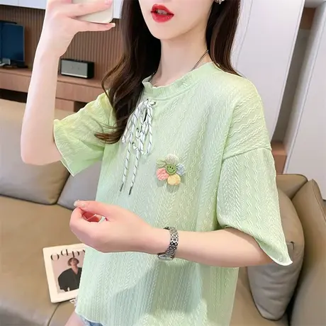 设计感小众短袖t恤女2023新款夏季韩版宽松大码女装个性绑带上衣图片