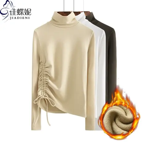 秋冬新款高领纯棉修身显瘦抽绳上衣体恤打底内搭韩版长袖女装T恤图片