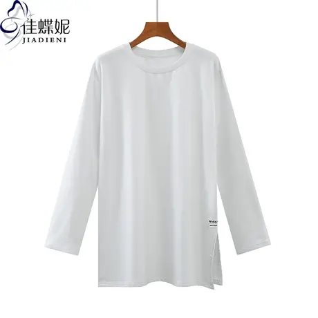 秋冬新款韩版圆领侧开叉中长款纯色德绒宽松长袖体恤上衣内搭女装商品大图