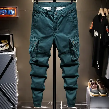 夏季薄款工装裤男士潮牌修身休闲裤韩版潮流百搭束脚长裤子男机车图片