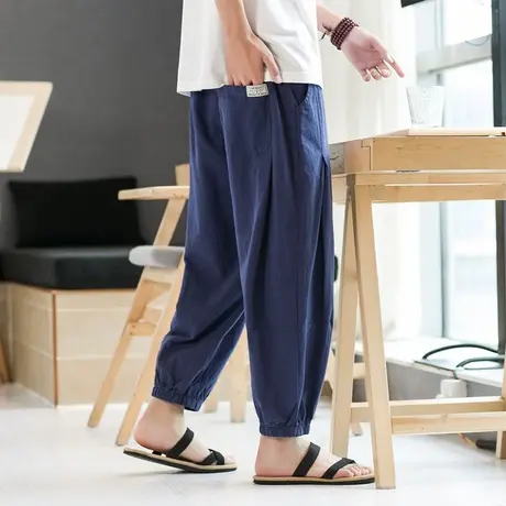 日系潮牌复古休闲裤男夏季薄款棉束脚运动工装裤垂感长裤灯笼裤图片