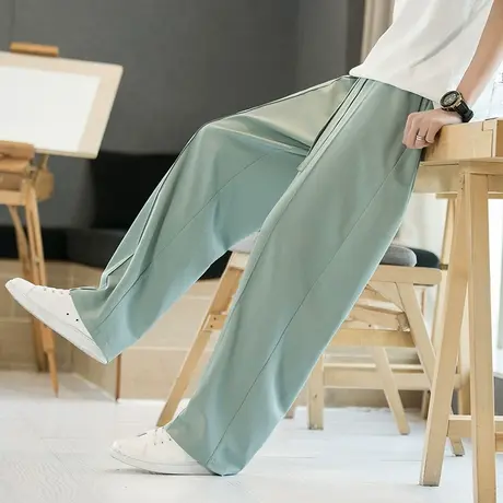 冰丝休闲裤男宽松加肥加大码中国风元素阔腿裤纯色薄款垂感长裤子商品大图