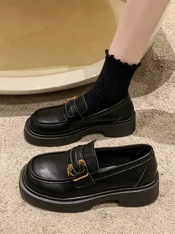 小皮鞋女英伦风厚底乐福鞋2023年新款春秋百搭一脚蹬黑色浅口单鞋商品大图