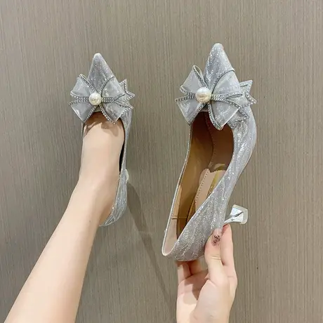 尖头细跟高跟鞋女2023春秋新款高级感蝴蝶结水钻气质名媛浅口单鞋商品大图