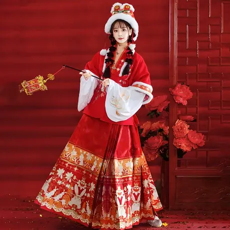 兔绥丨如梦霓裳汉服女装袄裙冬季织金马面裙刺绣兔年拜服新年战袍图片
