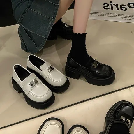 一脚蹬乐福鞋女2024春秋季新款复古英伦风粗跟单鞋厚底百搭小皮鞋图片