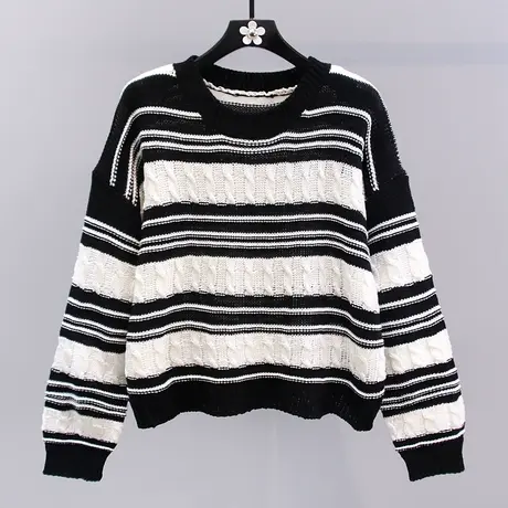 日系慵懒复古条纹毛衣女秋冬2023新款宽松温柔风软糯麻花针织上衣图片