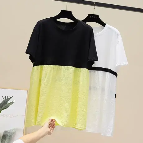 夏季T恤衫2023年新款时尚大码不规则拼接撞色上衣遮肉宽松a字t恤商品大图