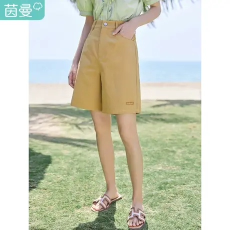 茵曼清新文艺短裤2023夏女装新款高腰收腰压褶撞色斜纹A型休闲裤图片
