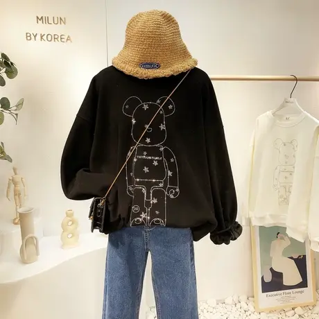 2020冬季韩国东大门慵懒休闲小熊水钻加绒加厚圆领卫衣外套大码潮商品大图