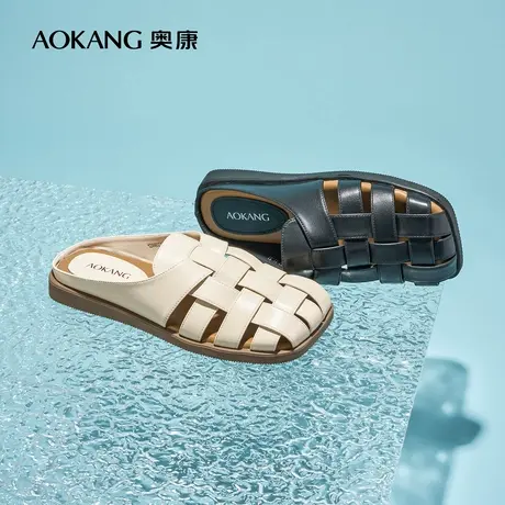 奥康女鞋 夏季新款编织包头时尚一脚蹬罗马凉鞋复古休闲平底拖鞋图片