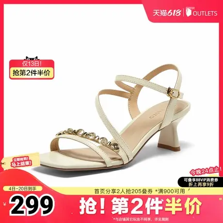 百思图2025夏季新款时尚潮流通勤一字带粗高跟女凉鞋C6602BL5图片