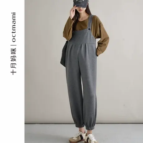 十月妈咪孕妇束脚圆扣背带裤2025新款春季外穿怀孕宽松遮肚托腹裤商品大图