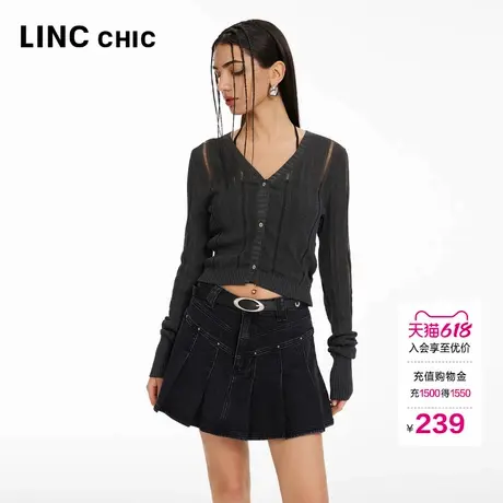 LINC金羽杰镂空针织开衫外套短款V领薄透防晒针织衫女上衣CR331Y商品大图
