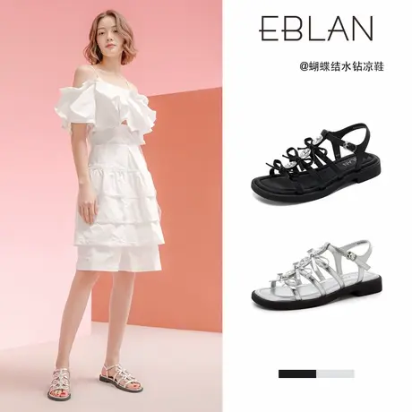 EBLAN/伊伴一字带水钻蝴蝶结凉鞋女2025年夏季新款平底女士罗马鞋图片