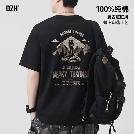 男士纯棉短袖t恤男夏季潮牌2025年新款美式印花上衣黑色半袖男装商品大图