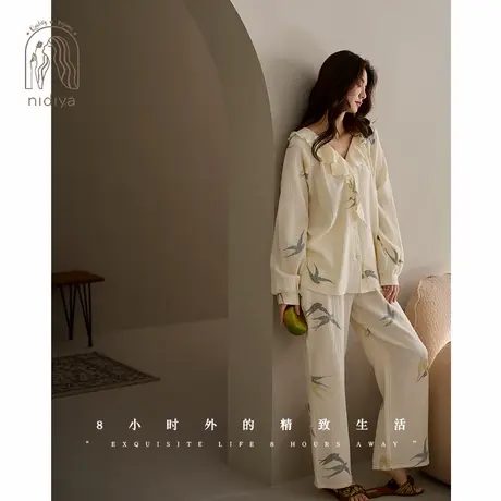 妮狄娅睡衣女春季纯棉纱布长袖开衫款甜美公主清新春秋家居服套装商品大图
