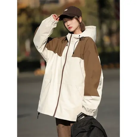 2023新款外套女春秋款美式简约休闲百搭防水工装连帽冲锋夹克上衣商品大图