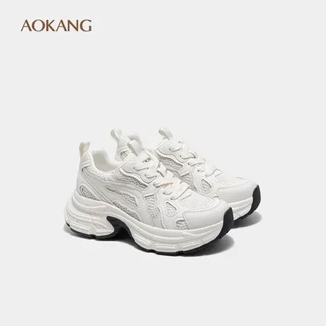 奥康 女鞋春秋新款厚底老爹网面透气镂空休闲鞋增高小白鞋图片