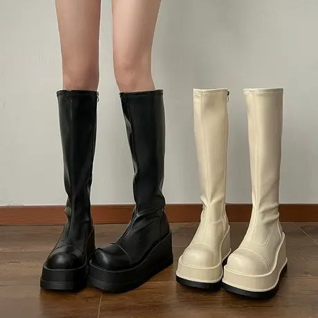 白色靴子女长筒靴夏季小个子厚底高筒骑士靴高跟瘦瘦靴不过膝长靴商品大图
