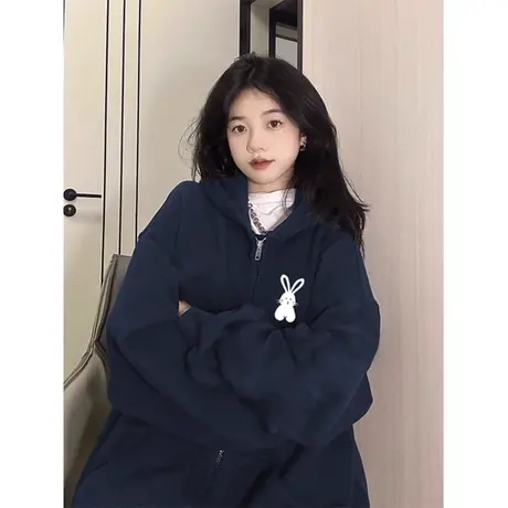 薄款兔子印花连帽卫衣女初秋百搭宽松显瘦拉链开衫外套上衣服潮图片