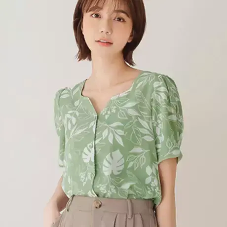 桔熊夏季度假风印花桃心领衬衫宽松短袖上衣女胖妹妹大码AB17463商品大图