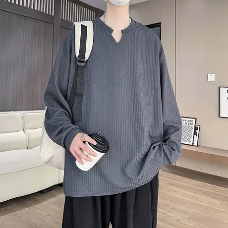 2025春秋款男士长袖T恤加肥加大码男装打底衫纯色宽松体恤上衣服商品大图