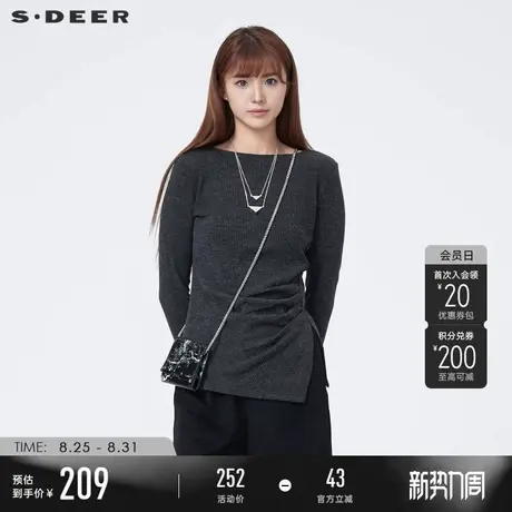 sdeer圣迪奥冬季女装圆领压褶开叉不规则长袖T恤S23480206商品大图
