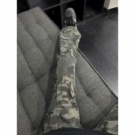 美式高街弯刀牛仔裤男秋季薄款迷彩工装裤cleanfit提档显瘦微喇裤图片