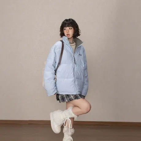 潮牌纯色立领棉服女冬季2024新款复古加厚冬天外套宽松面包服棉衣图片