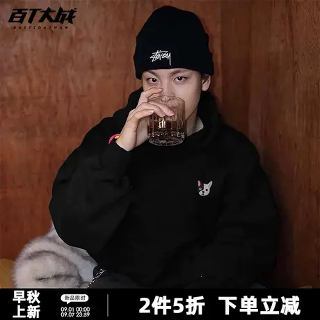 INS简约黑白犬胸标印花连帽卫衣男女2025新款正肩休闲外套上衣潮商品大图