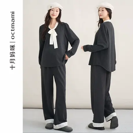 十月妈咪孕妇套装2025新款秋季外穿V领花边系带两件套直筒裤秋装商品大图