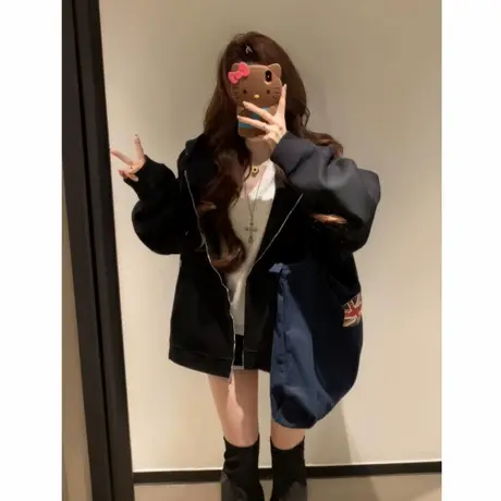 黑色卫衣外套女2025新款宽松秋冬季显瘦拉链开衫冬季加绒加厚上衣商品大图