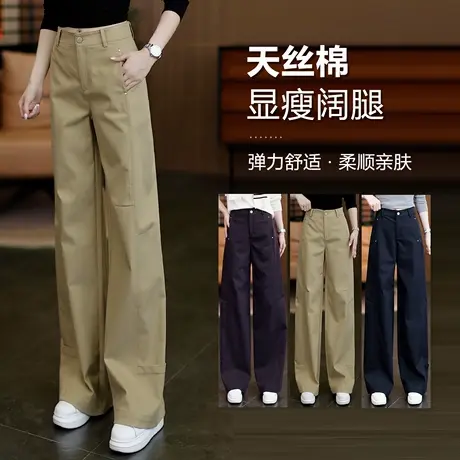 天丝棉简约窄版直筒裤女春秋高腰显瘦宽松阔腿时尚百搭透气休闲裤商品大图