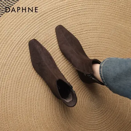 达芙妮粗跟短靴女2026新款冬季加绒复古马丁靴绒面尖头瘦瘦靴袜靴图片