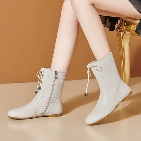 白色短靴女秋冬新款靴子平底真皮马丁靴大码休闲头层牛皮中筒靴女商品大图