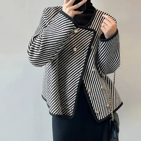 唐狮秋冬季女毛衣气质风斜条纹开衫外套通勤高级感显瘦毛线衫tu图片