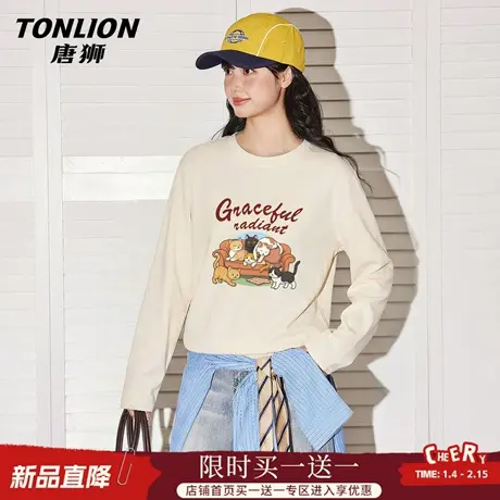 唐狮官方纯棉长袖t恤女2026新款春宽松大码胖mm打底衫印花上衣VC图片