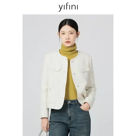 Yifini/易菲百搭通勤短款小香风外套女2023秋季新款立体正肩上衣商品大图