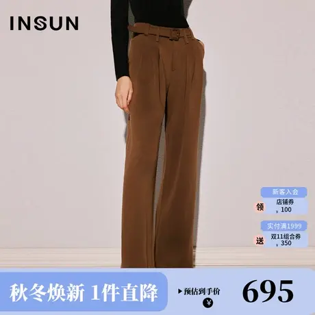 恩裳COVER2023冬装新款舒适远红外色紡羊毛高腰收褶直筒阔腿裤女图片