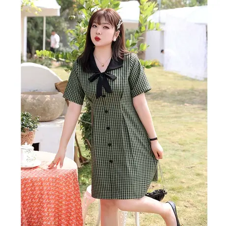 2023年夏装新款复古格纹连衣裙女显瘦胖MM大码设计感气质收腰裙子商品大图