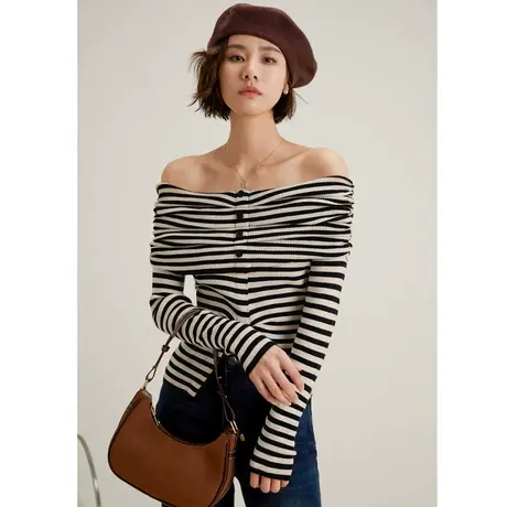 弥古一字肩针织衫上衣设计感女小众法式春秋显瘦条纹露肩毛衣打底商品大图
