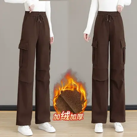 咖色美式高街降落伞阔腿工装裤女秋冬褶皱高腰休闲加绒阔腿直筒裤图片