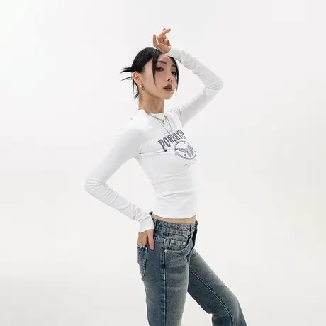 YEP美式复古正肩长袖t恤女春秋2023新款紧身辣妹风短款上衣ins潮商品大图