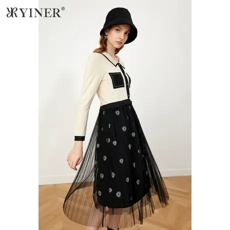 *YINER音儿奥莱女装冬季休闲拼接网纱连衣裙图片