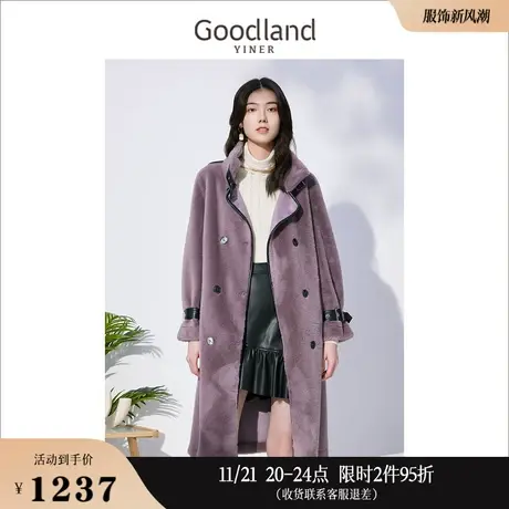 Goodland美地女装冬季长款PU皮拼接双排扣仿羊羔毛外套配腰带商品大图