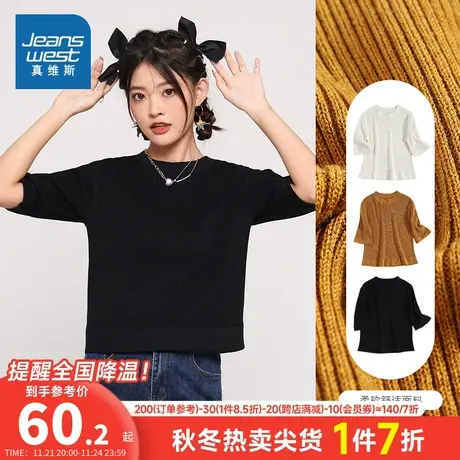 L7真维斯女装通勤中袖针织衫 冬季 休闲圆领羊毛混纺上衣商品大图