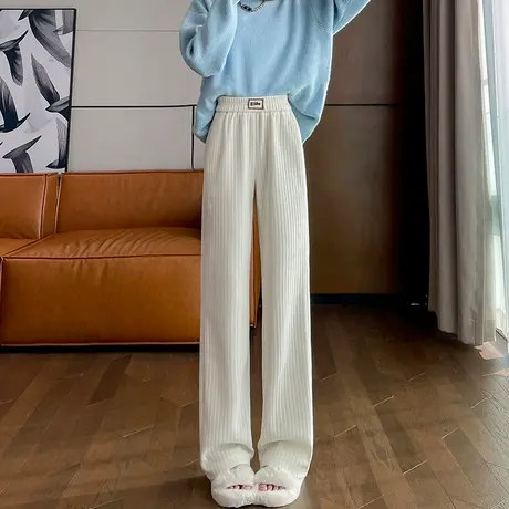 米白色针织窄版阔腿裤女秋冬新款高腰垂感直筒休闲麦穗纹阔腿裤子商品大图