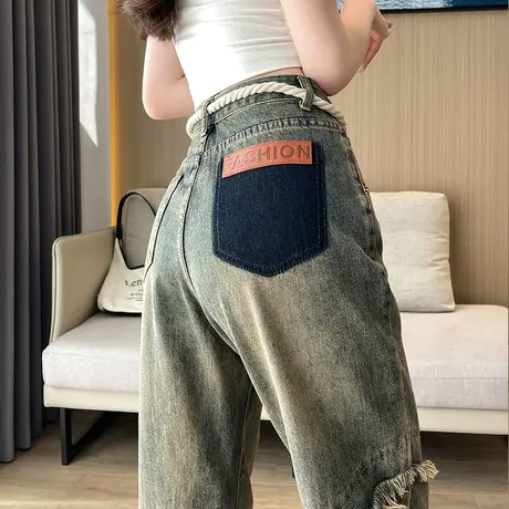 小众毛边复古高腰窄版阔腿牛仔裤女春秋黄泥色做旧欧美休闲直筒裤商品大图